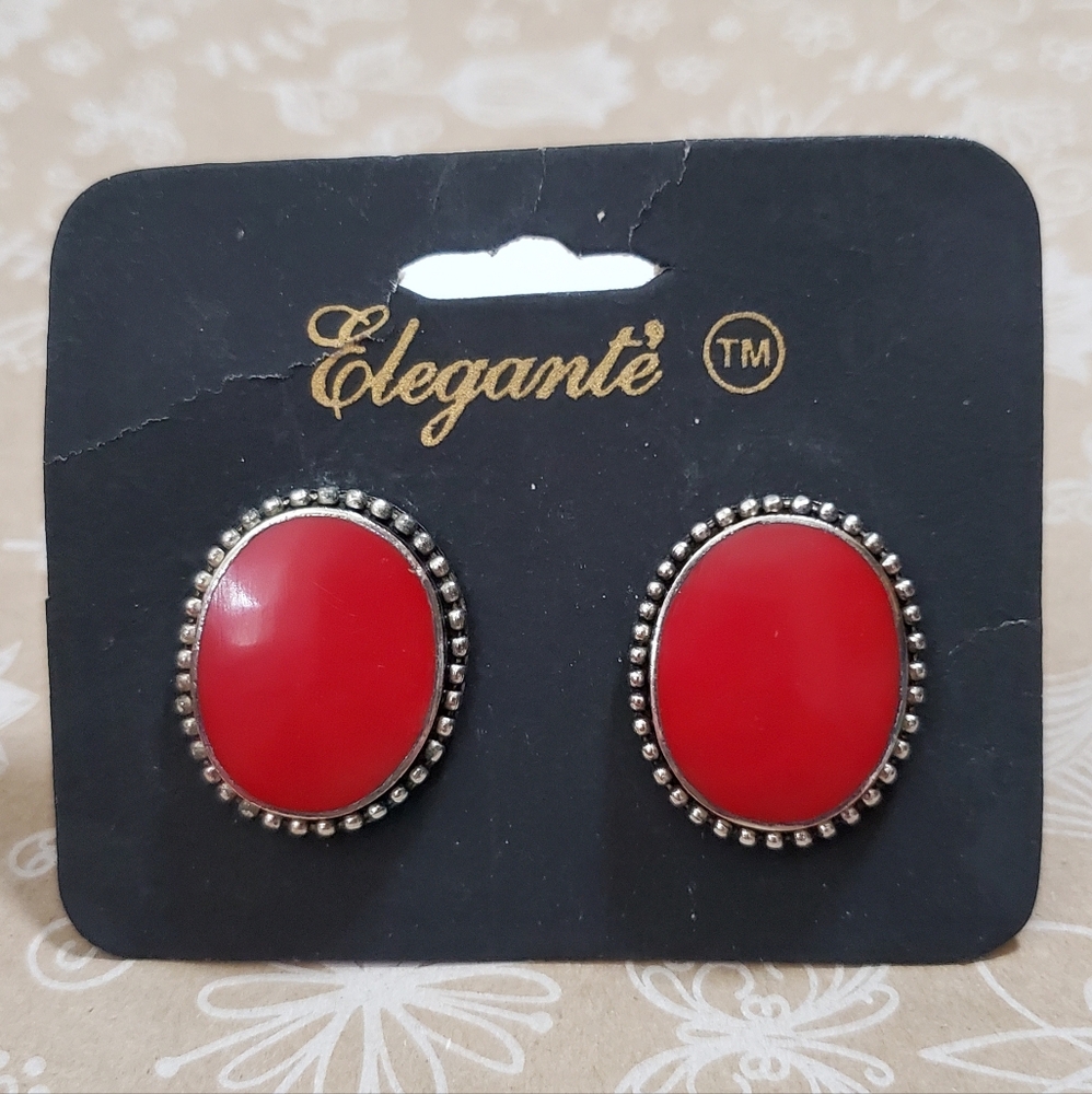 Elegante' Vintage Clip Earrings**Red Ovals In Silver**NOS**Style 1260/E